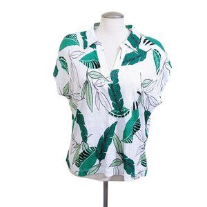 Tahari Womens Button Up Linen Shirt Sleeveless White Green Palm Print Size XL